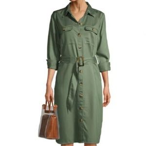 Time And Tru 100% Viscose Olive Green Button Down Shirt Dress